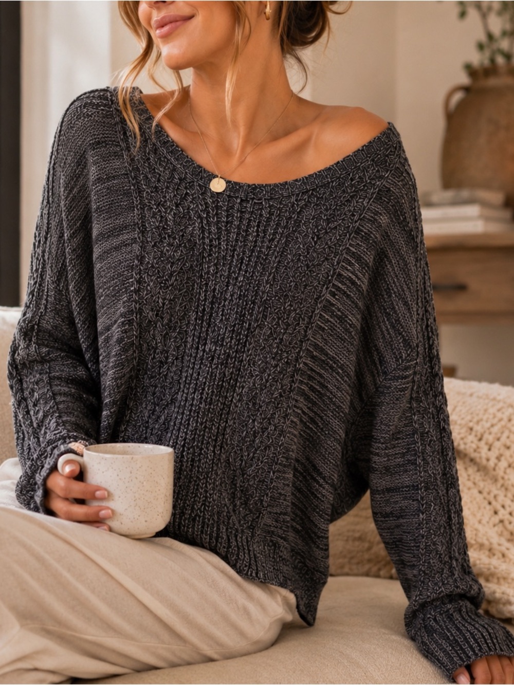 Rubbish Marled Gray Cable Knit Sweater | Oversized Hi Low Cozy Pullover M